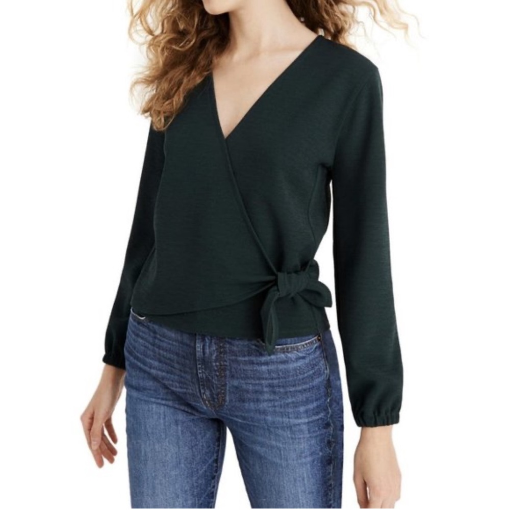Madewell L Dark Green crop top long sleeve bow tie